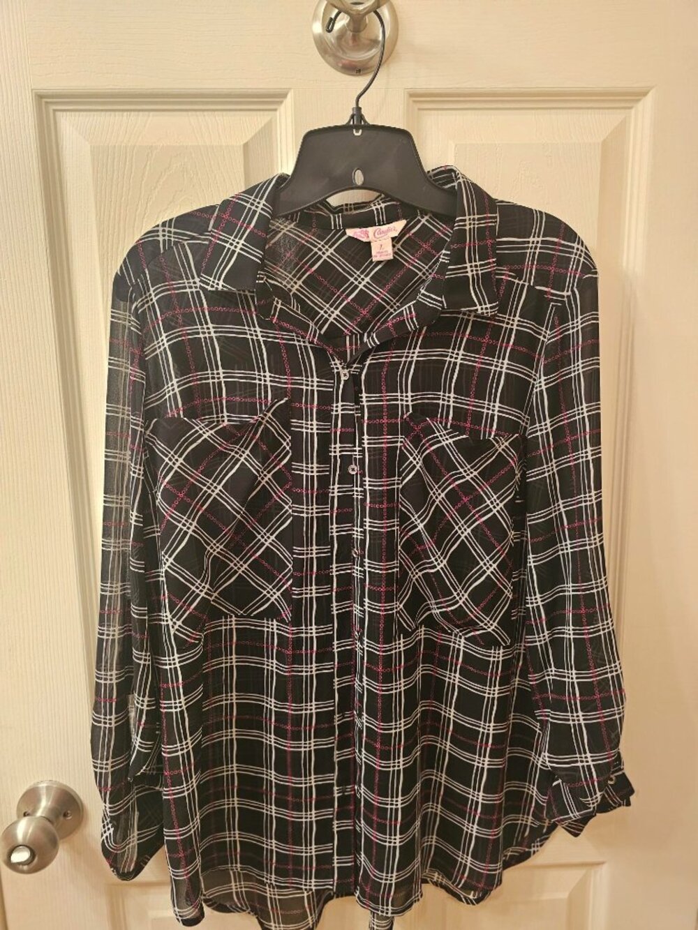 Candies Large Sheer Black and White Checkered Blouse with Pink Lines